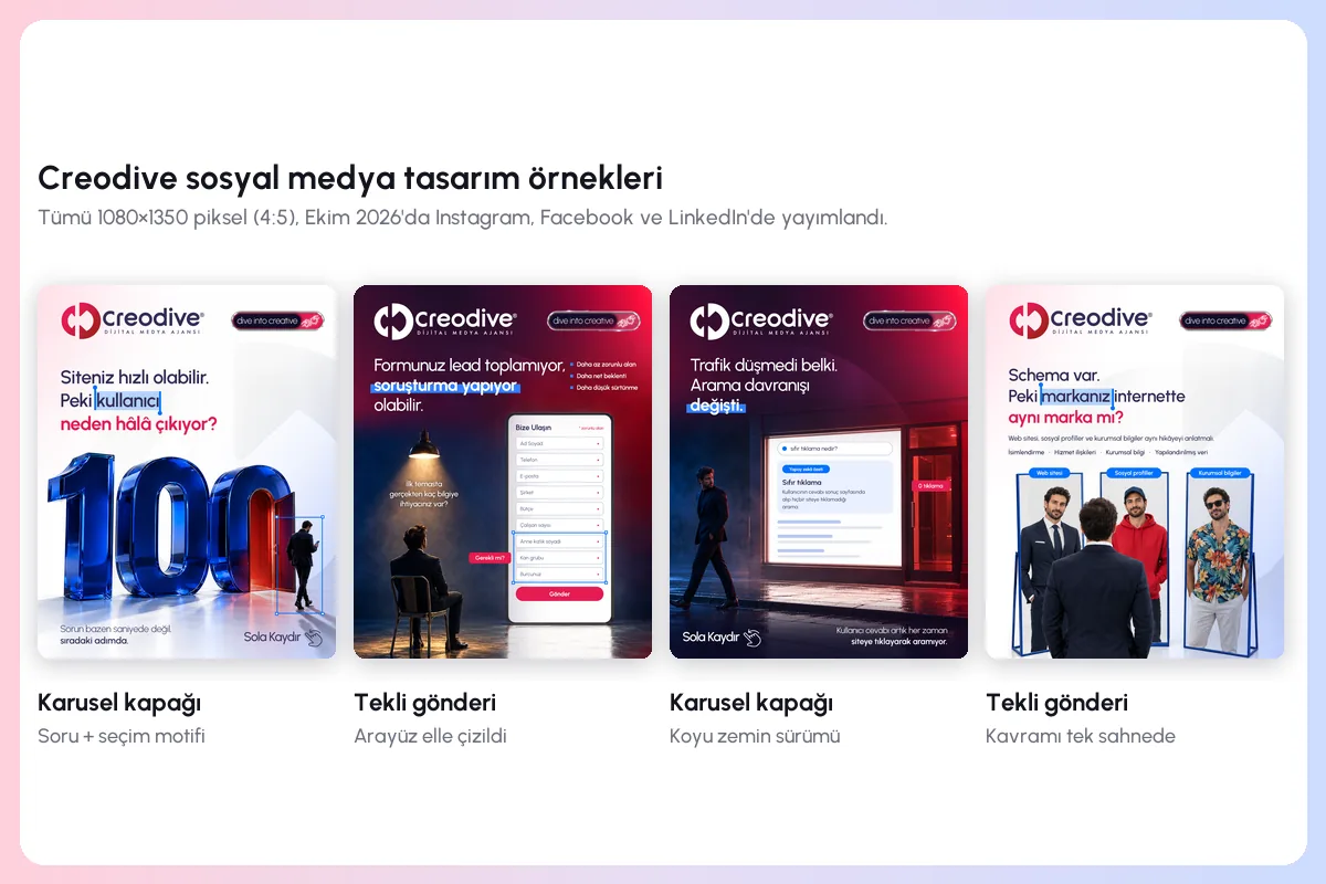 creodive sosyal medya tasarım örnekleri creodive'in ekim 2026'da yayımladığı dört sosyal medya gönderisi: iki karusel kapağı ve iki tekli gönderi
